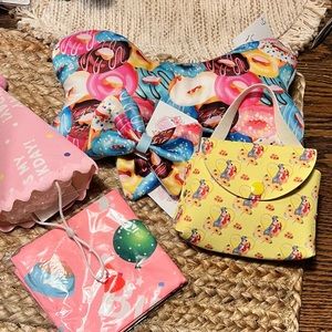 Pet girl birthday hat purse bandanna, two bows with pins and a handmade bone toy